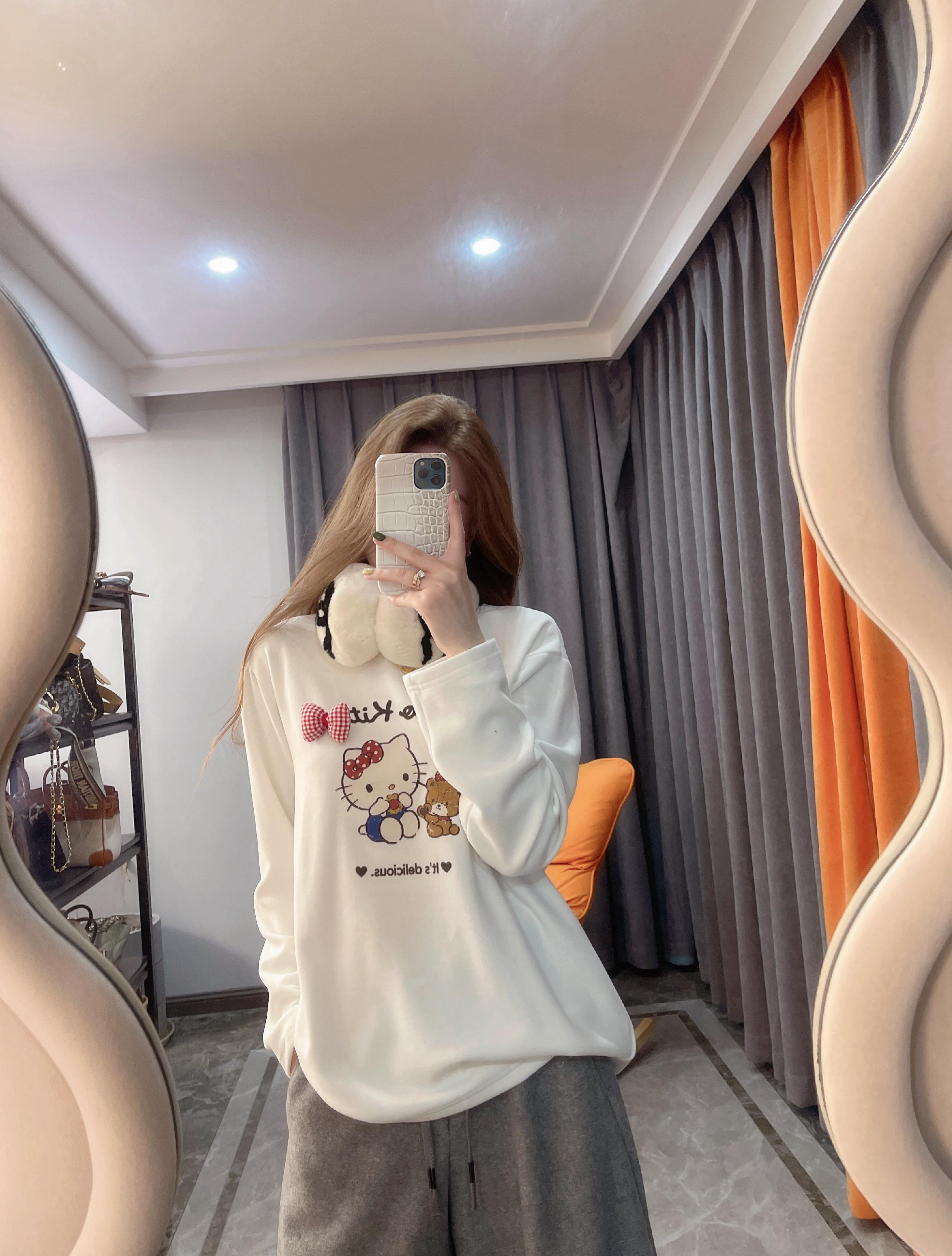 卡通kitty条纹长袖宽松t恤打底 慵懒风上衣 秋冬