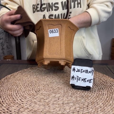 紫砂花盆柴烧内奎收腰六方0633