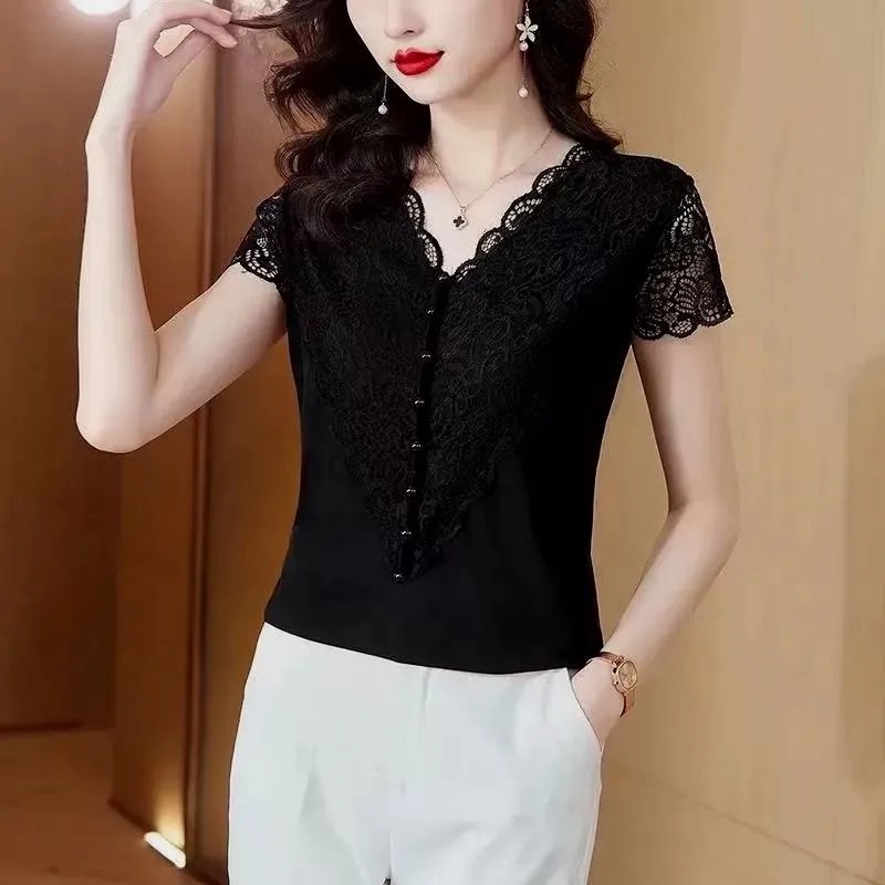 763 夏季新款蕾丝领短袖气质显瘦遮肉短袖打底短款修身女洋气上衣