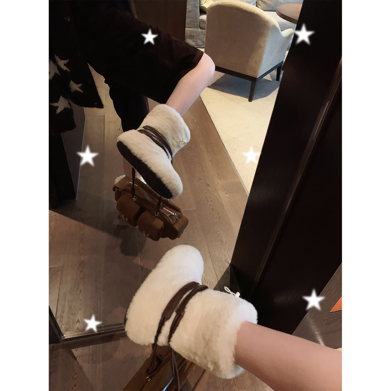 赵辰晨 白色毛毛雪地靴女冬季厚底抽绳保暖中筒靴加绒防滑套筒靴