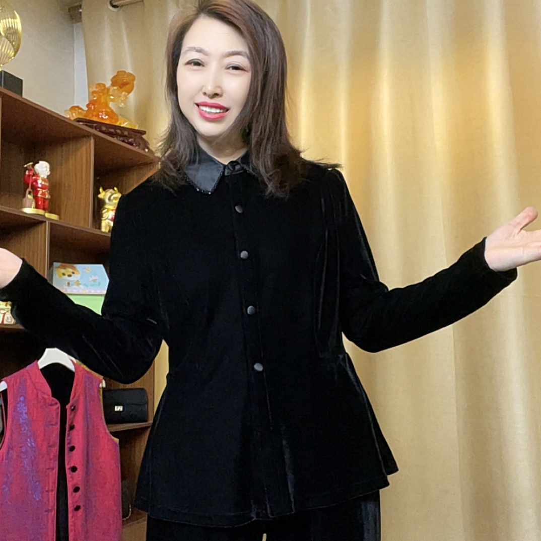 轻奢丝绒串珠5877方领长袖秋冬春三季穿修身显瘦时尚减龄百搭款