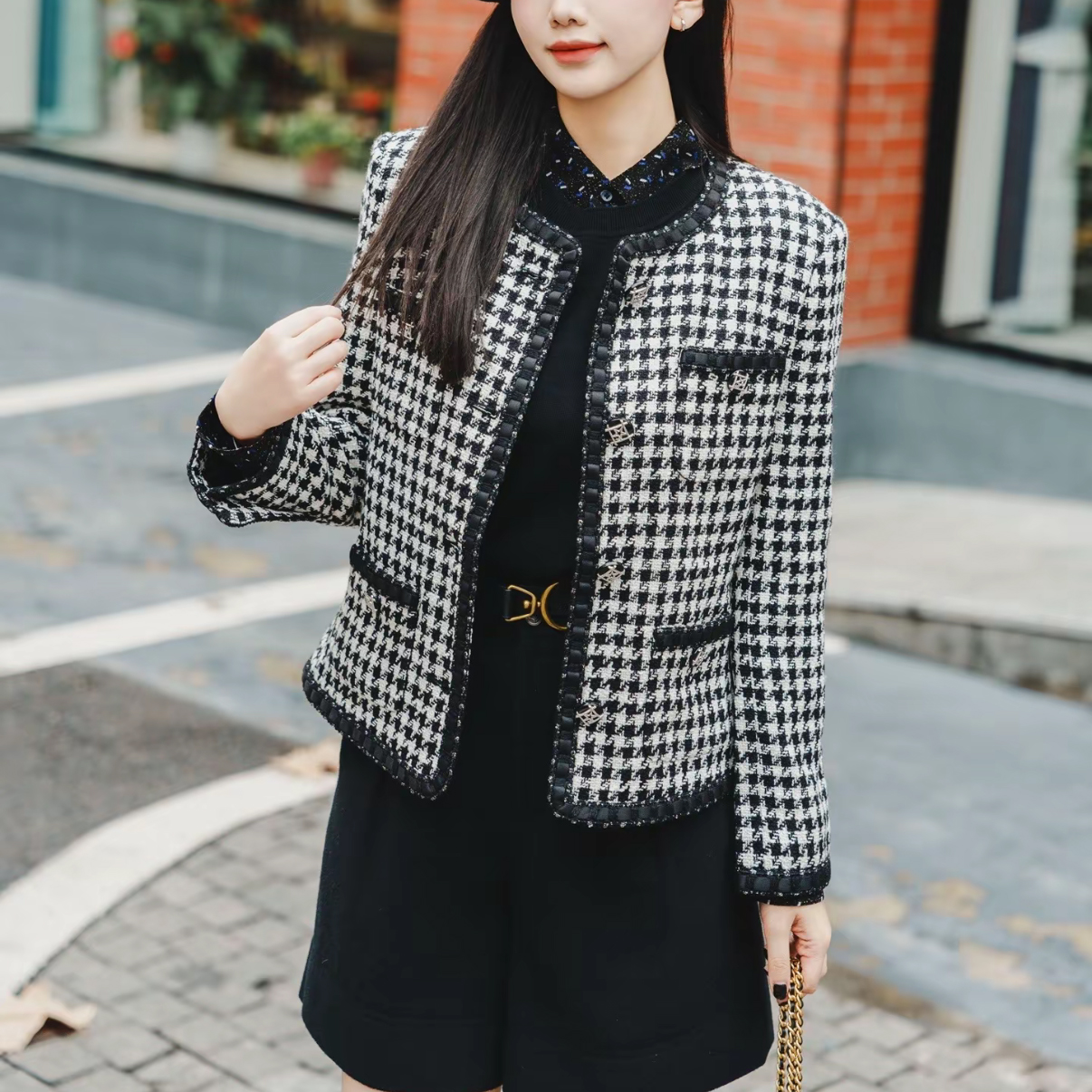 嘉文-女上衣短外套百搭复古格纹立领外套小香风圆领修身