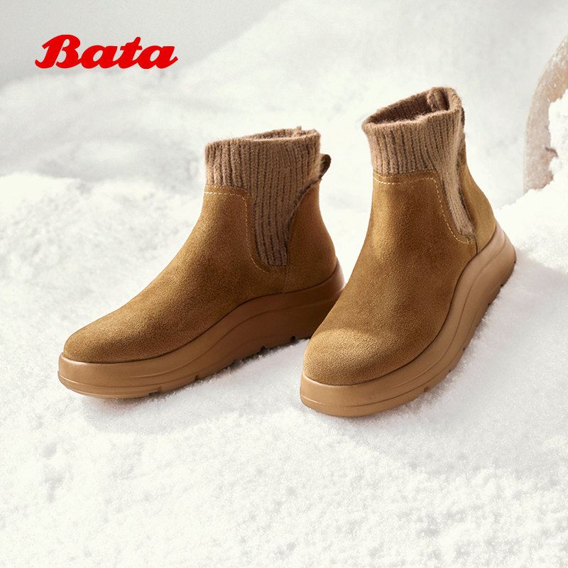 【单绒可选】Bata瘦瘦靴女2025冬英伦风厚底袜靴弹力袋鼠靴AD147DD5