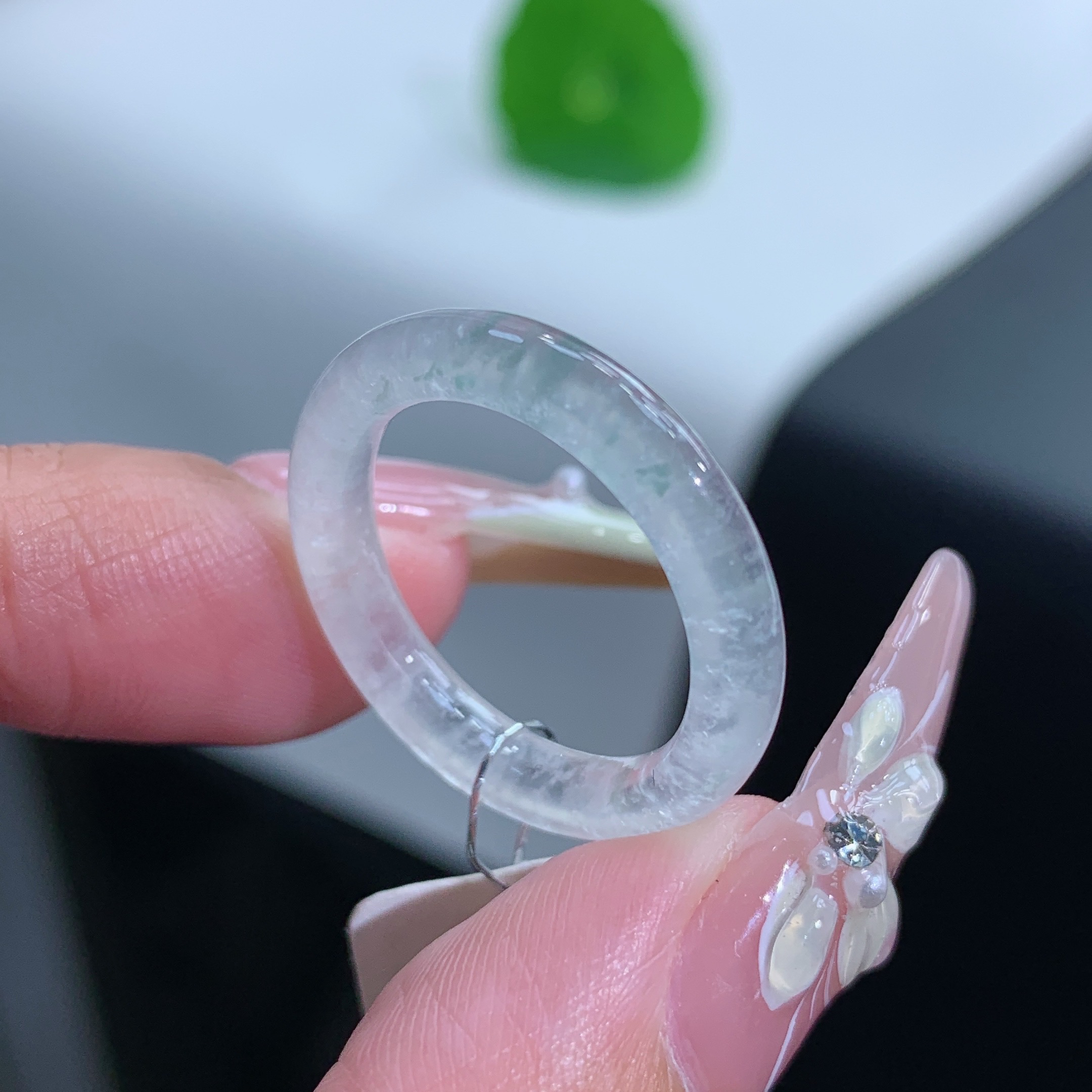 15-16号 缅甸天然A货 正冰意境雪花飘花翡翠戒指内径17.2-3.5-3.3