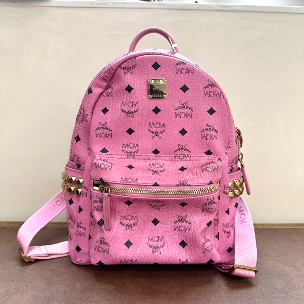 95新 MCM 95新 MCM 玫粉色中号涂层帆布印花双肩包