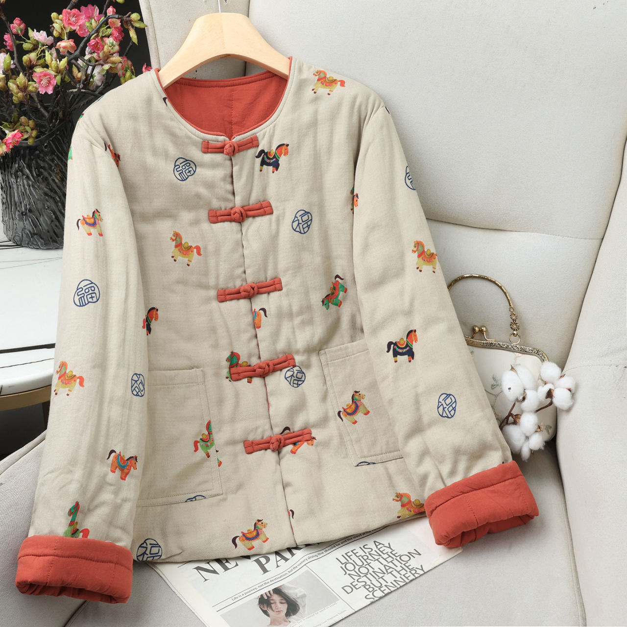 【纯棉花】100新疆长绒棉新款冬款棉服加厚外套国风圆领保暖棉衣女