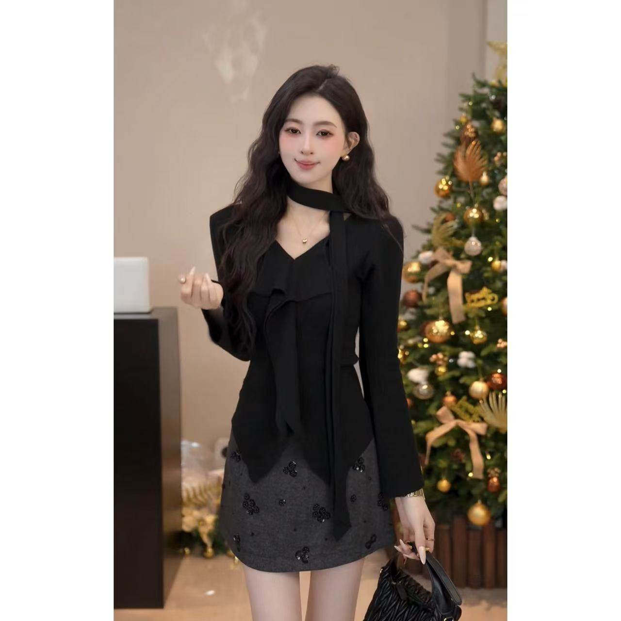 YUANLIANSU/圆脸酥【祈雪冬纪】轻熟简约风飘带荷叶边V领针织衫女