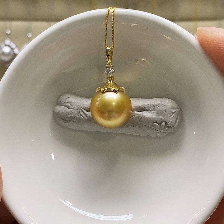 银S925镶嵌海水珍珠吊坠(不含链)浓金珠12-13mm