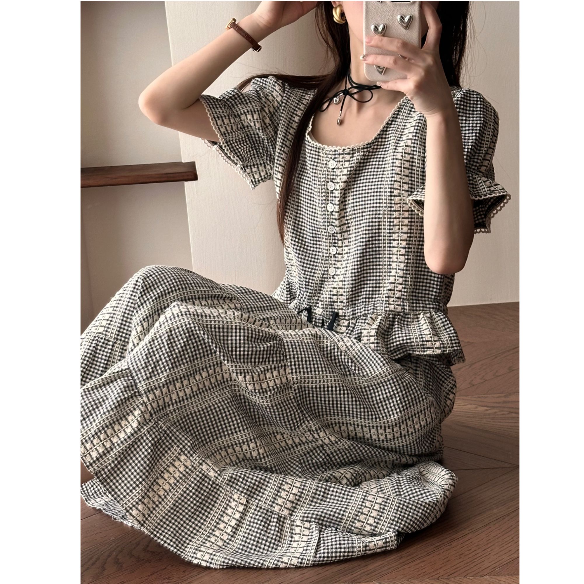  【吐血清仓】小个子法式复古方领森系上衣高腰半身裙格纹套装