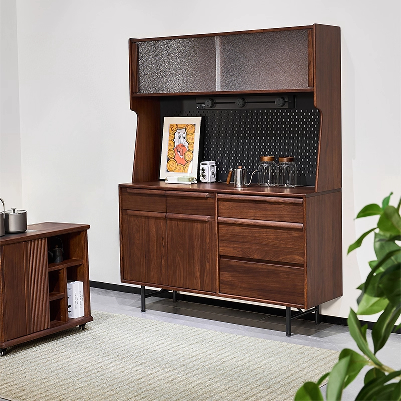 乌金木实木餐边柜酒柜一体黑胡桃木色家用橱柜储物柜洞洞板XD5029