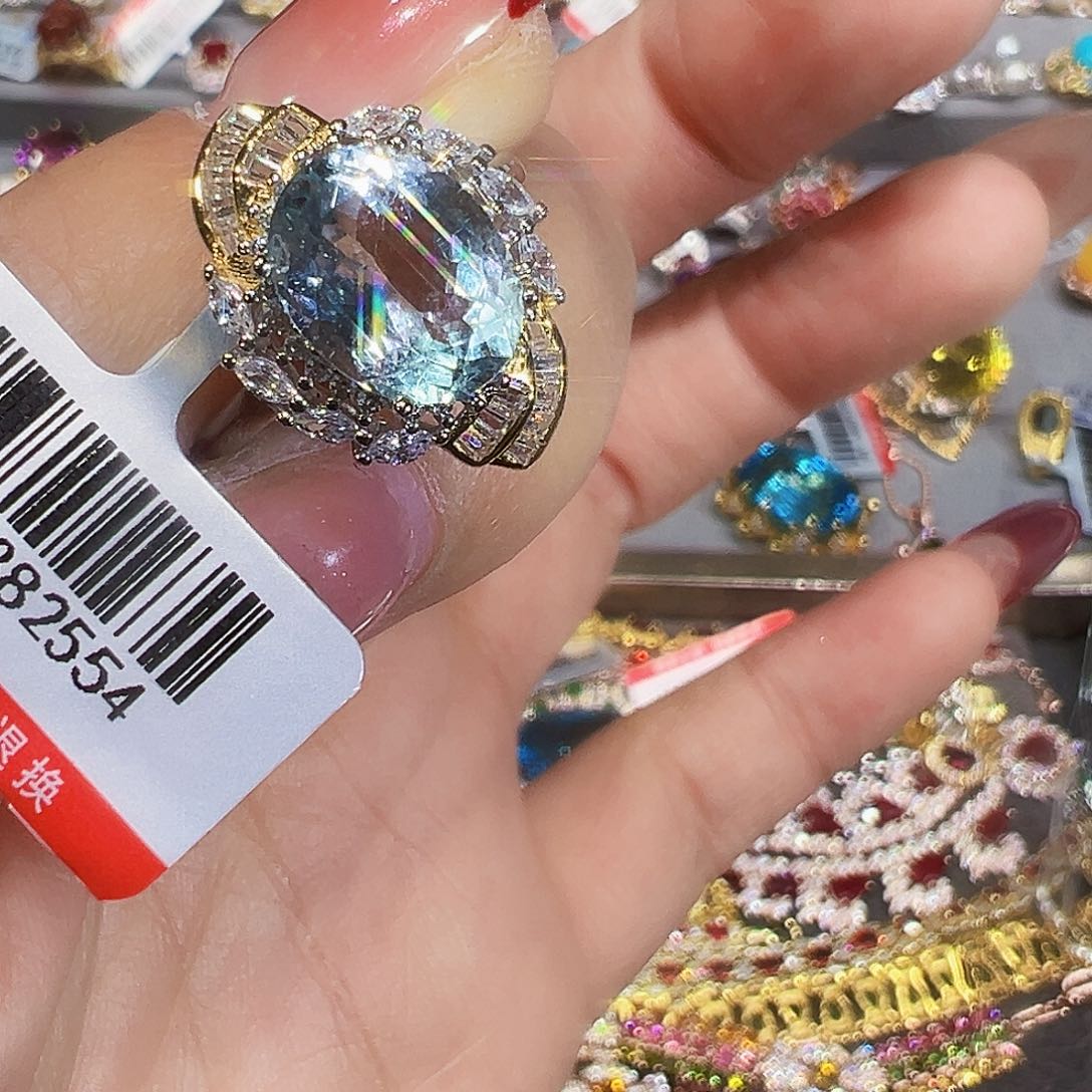 银S925镶嵌戒圈海蓝宝石