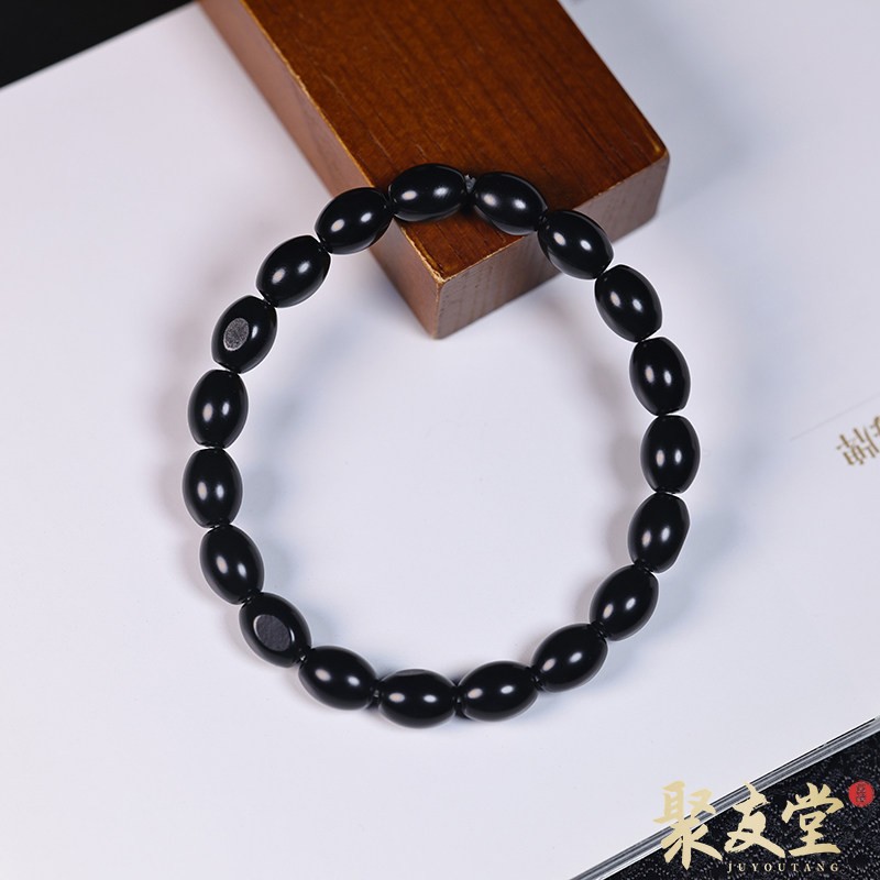 W118聚友堂王伟玉雕7*9mm新疆和田玉籽料黑青米珠手链单圈手串883