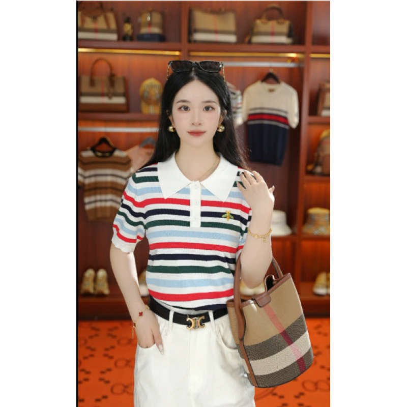 美萱Luxuan“新品彩虹条“polo衫显瘦女夏短衬衫