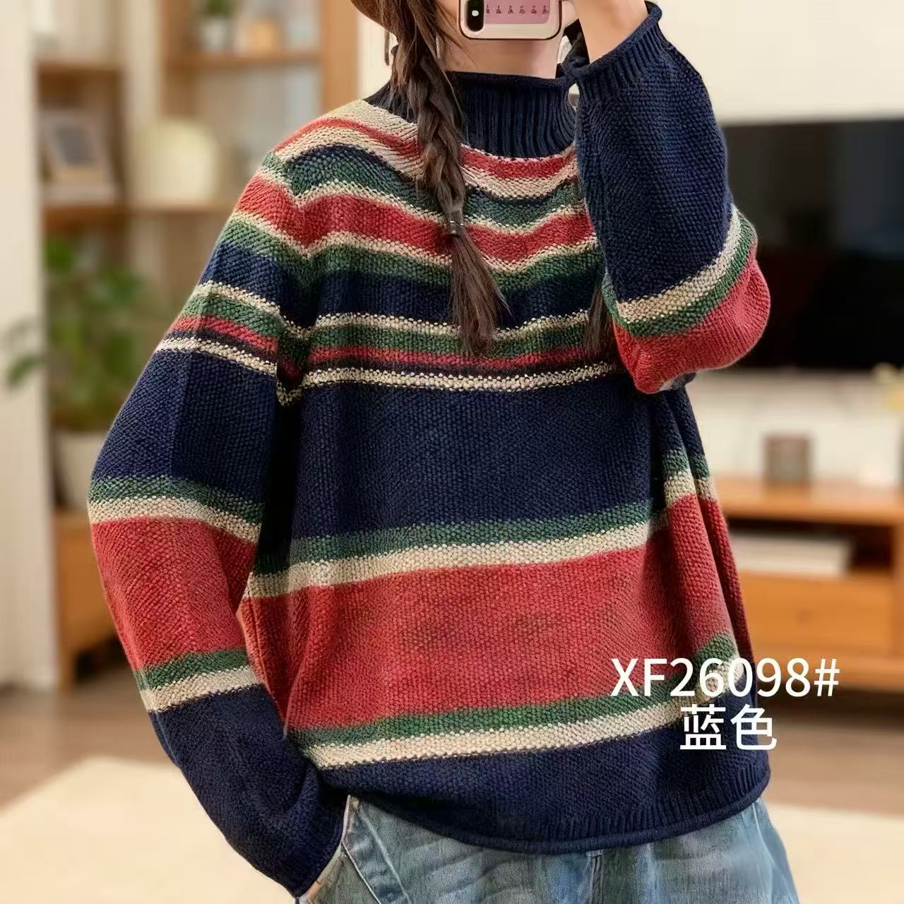 君姐服饰{XF26098}圆领宽松女装套头撞色复古风条纹针织毛衣