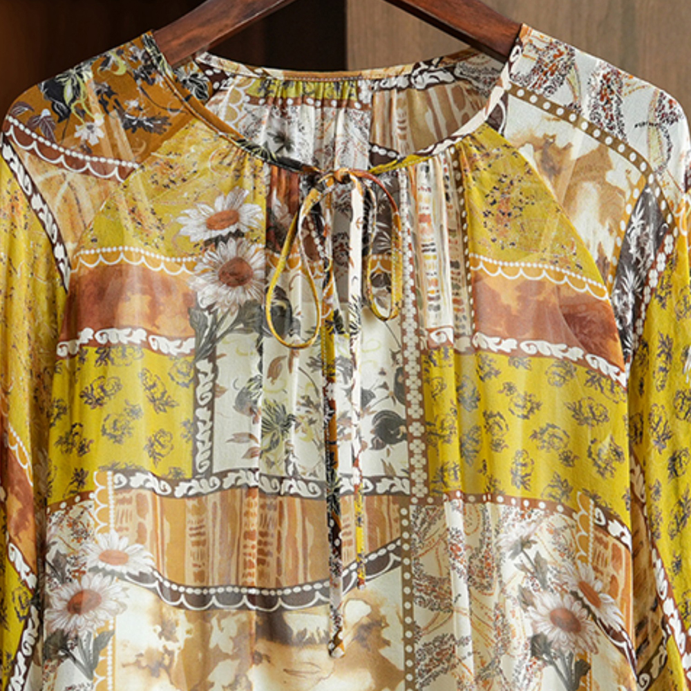 【白雪.荐选】桑蚕丝真丝衬衫女复古印花宽松显瘦上衣C325