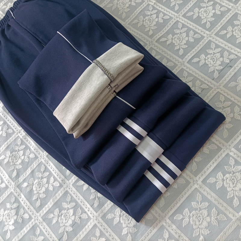 精品棉料加肥加大白杠校服裤子藏蓝色中小学生直筒细白宽白条校裤