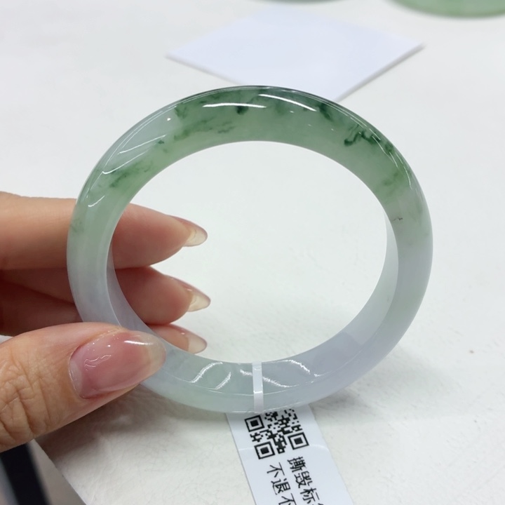 翡翠未镶嵌手镯缅甸翡翠手镯55.4冰飘花 半山水