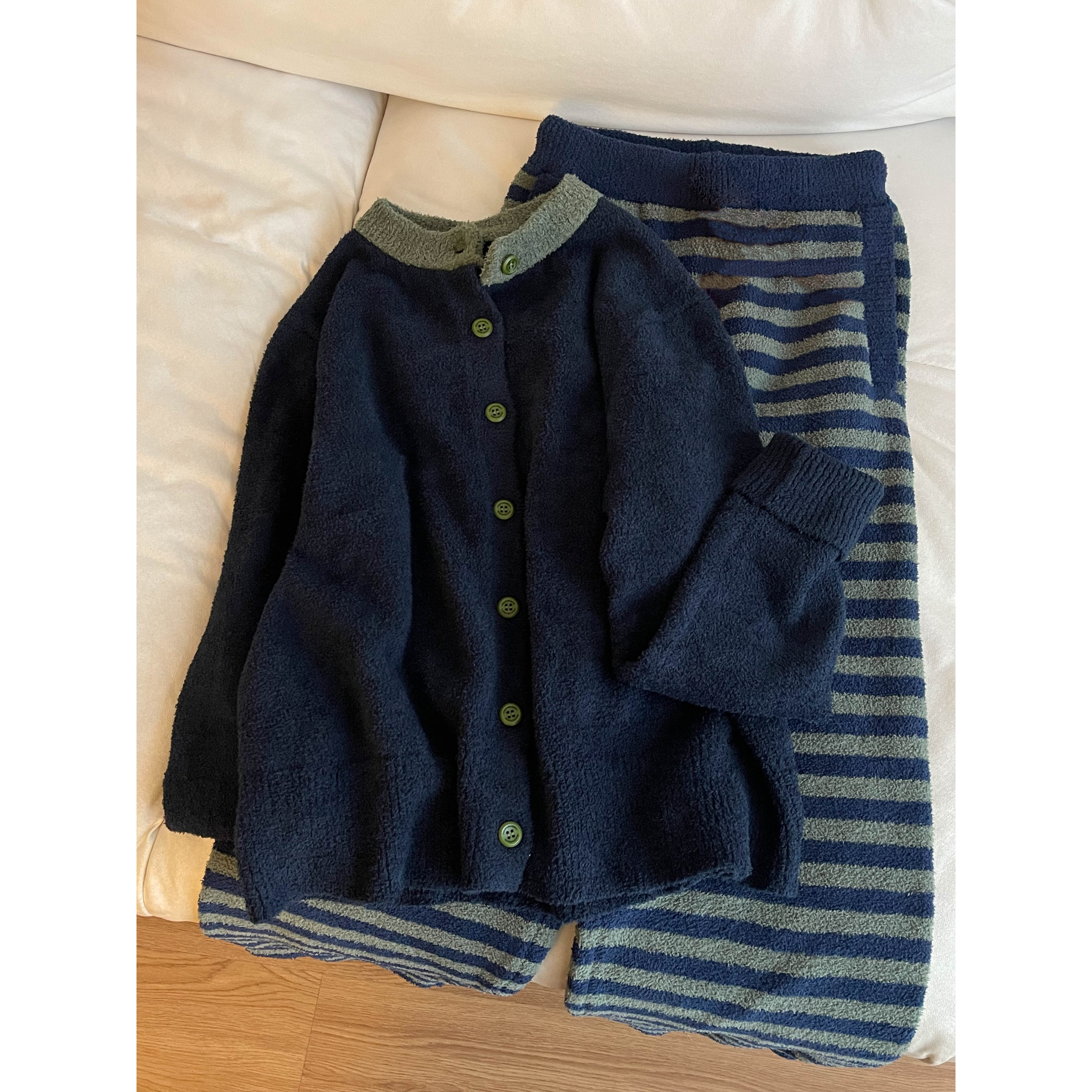 高级设计感条纹加绒加厚半边绒睡衣女冬大码保暖针织家居服可出门