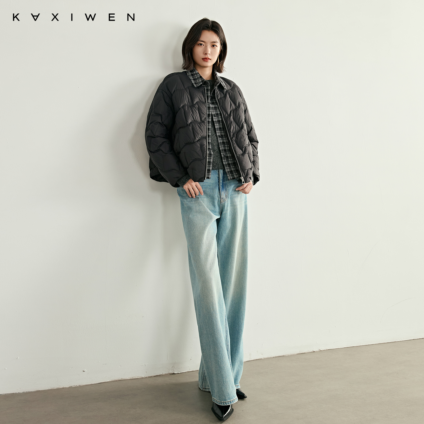 佧茜文格纹拼接羽绒服「90绒」菱格压线假两件翻领外套X10DYW9907