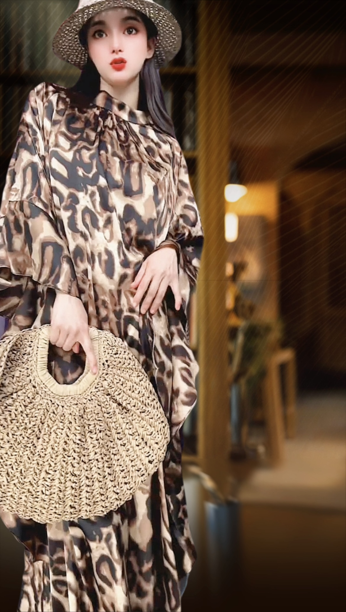 豹纹醋酸宽松U领连衣裙斜裁气质显瘦设计女士长款休闲时尚穿搭