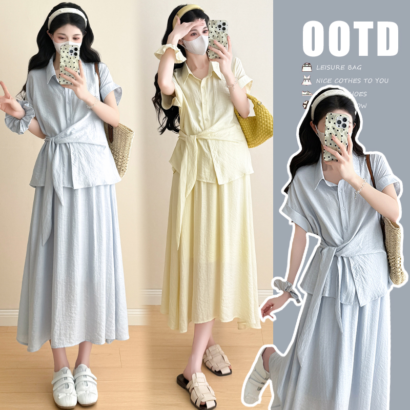 2025孕妇装夏装新款夏季可哺乳洋气薄款衬衫二件套＋半身裙套装