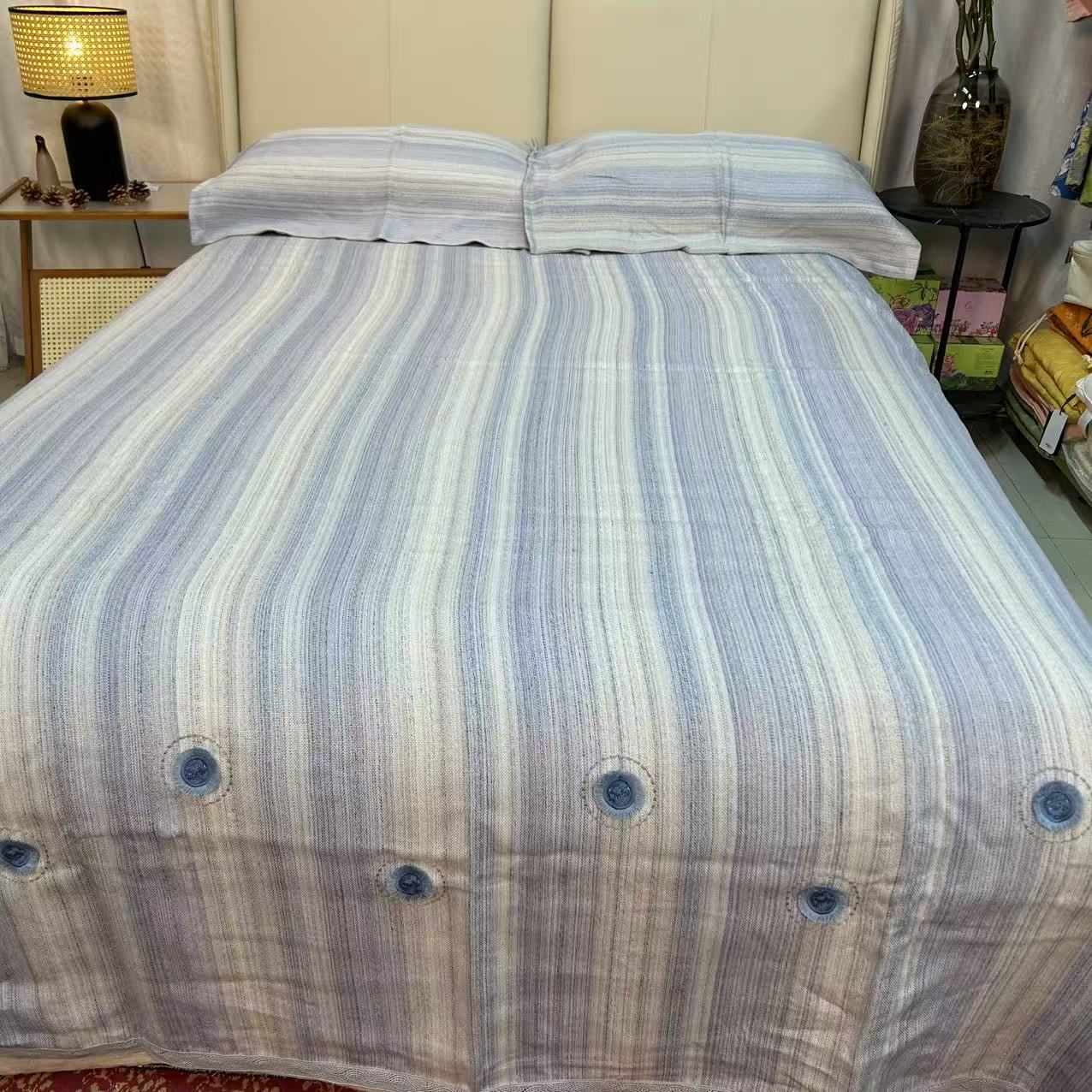 木汀家-孔雀翎纯亚麻法国雨露麻色织凉席三件套 高端刺绣款加厚