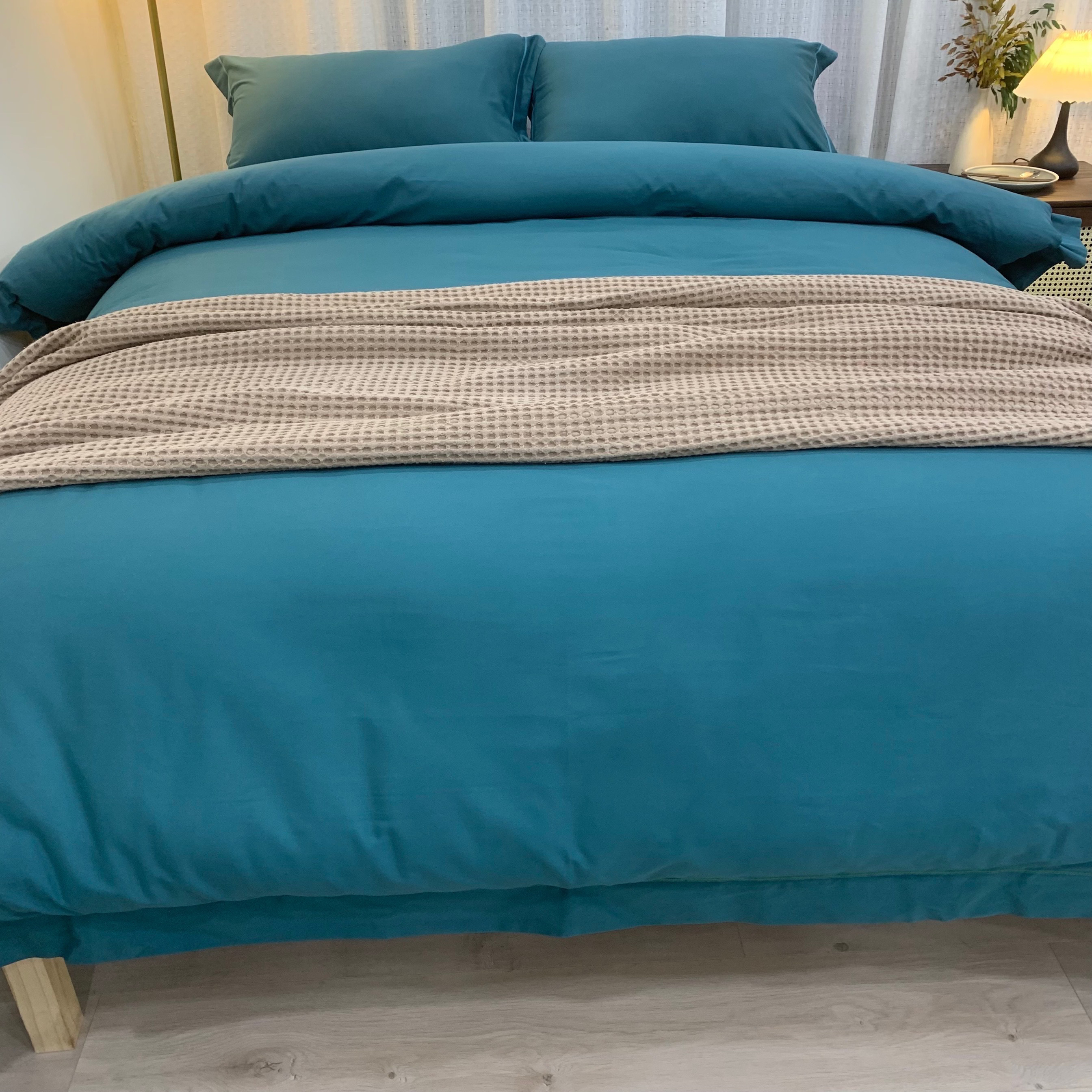 东帝兴 真正100支双股匹马棉 孔雀蓝 轻磨毛四件套 细腻柔软亲肤