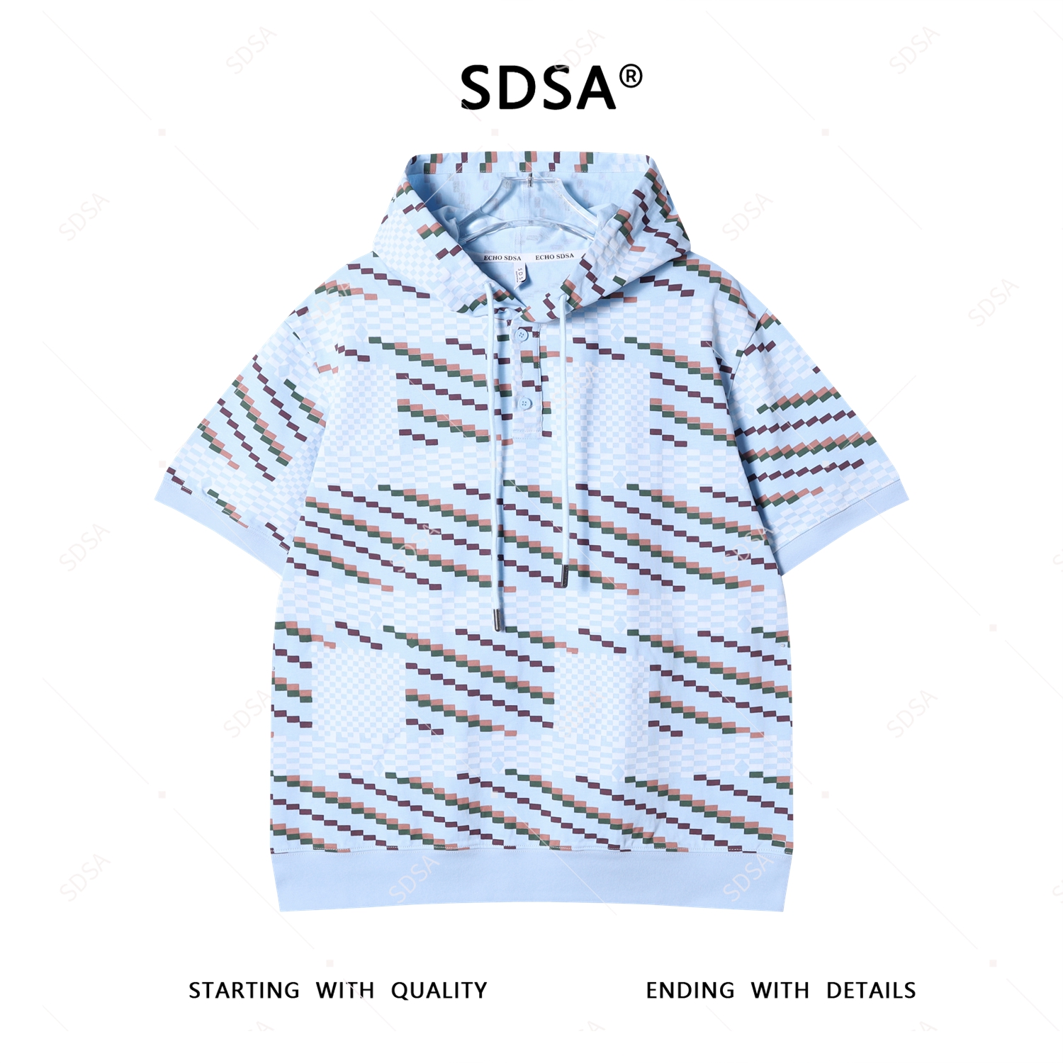 SDSA夏季新款男士痞帅撞色格子半纽扣连帽短袖T恤休闲潮流百搭