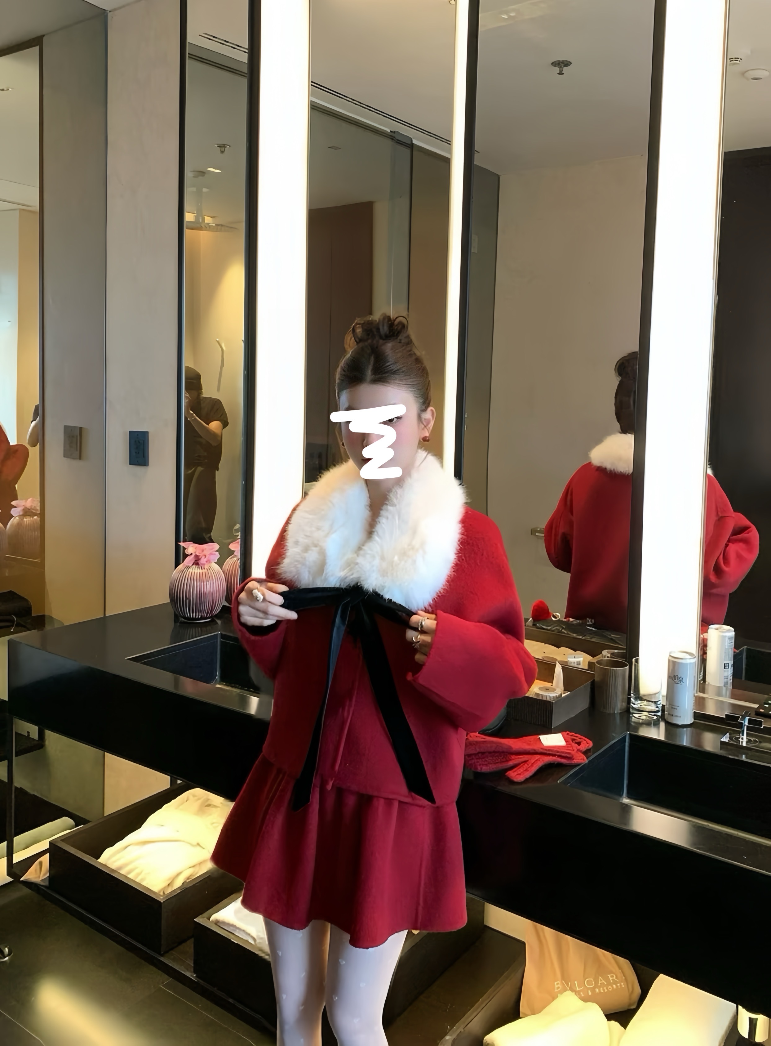 大码女装「圣诞绮梦」冬季千金风气质加棉加厚外套短裙套装9283