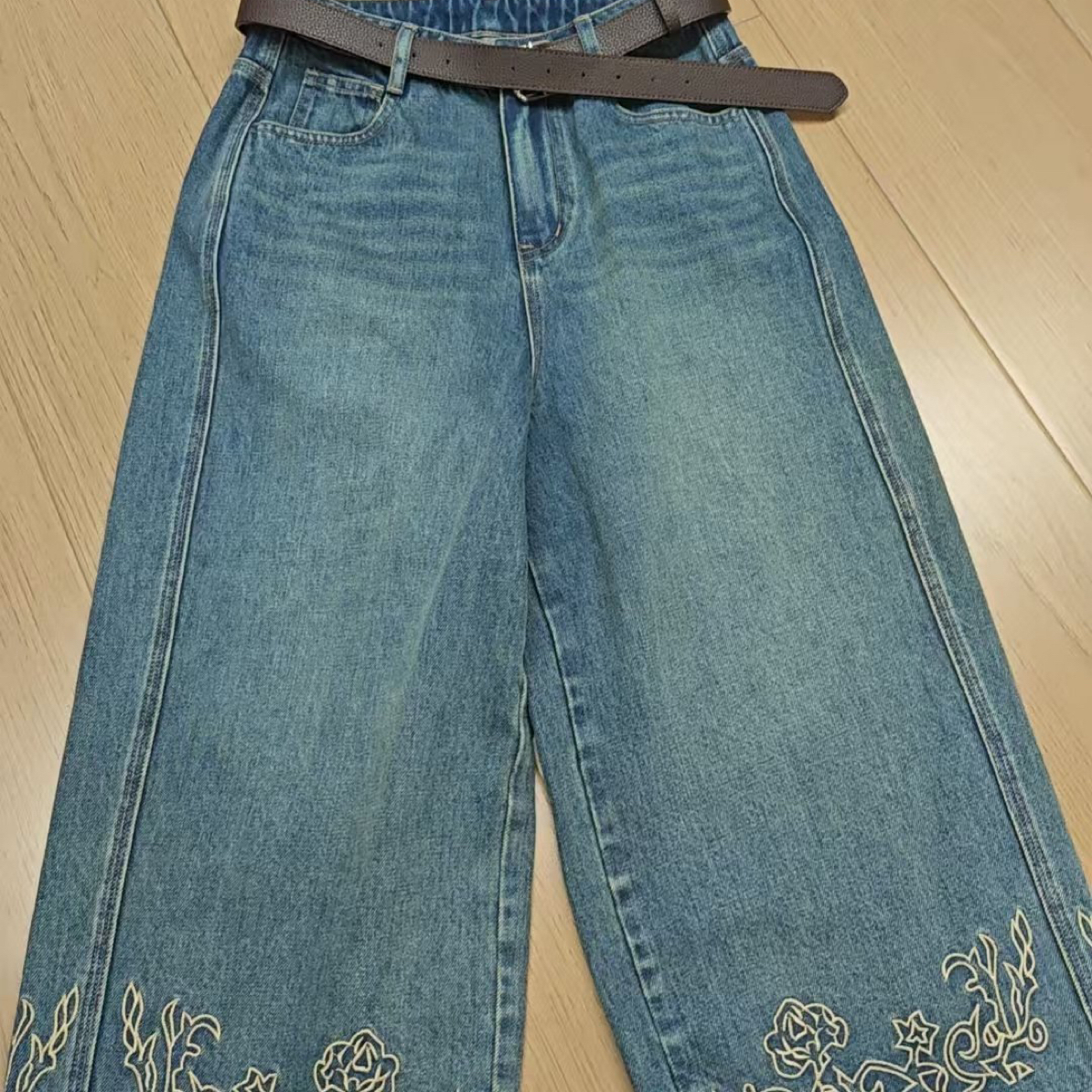 深圳南油高腰显瘦刺绣阔腿牛仔裤女春秋直筒九分裤子新款