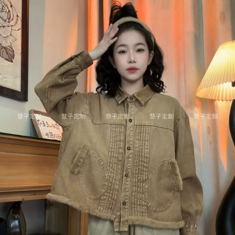 慧子“庄园牛仔”水洗咖色磨毛牛仔衬衫设计感褶皱拼接宽松休闲夹克