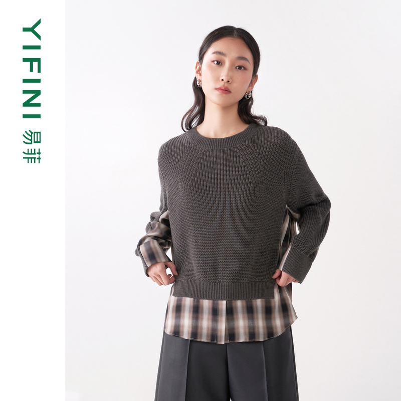 【Yifini】专柜同款石墨灰拼接设计舒适百搭宽松短款毛衫C09M1006