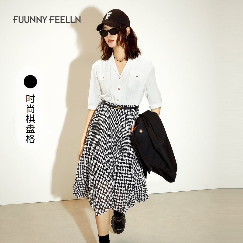 FF仿佛异材拼接连衣裙翻领收腰不规则气质显瘦FF01547