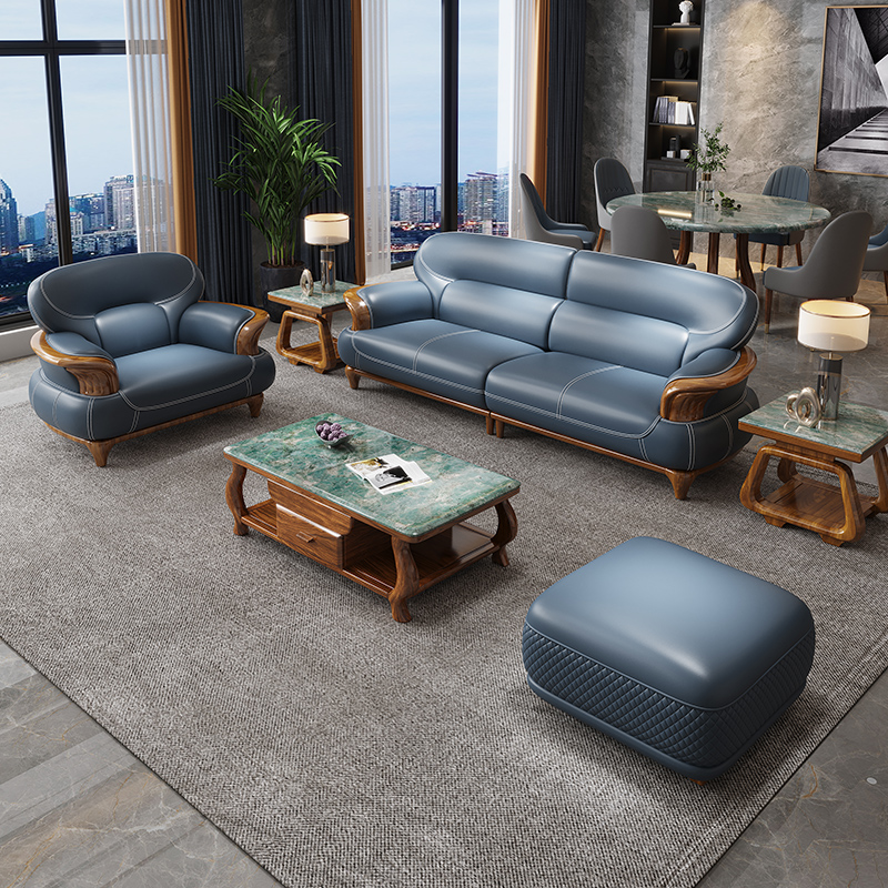 其迈森别墅实木真皮沙发1234组合现代奢华新中式头层牛皮乌金木