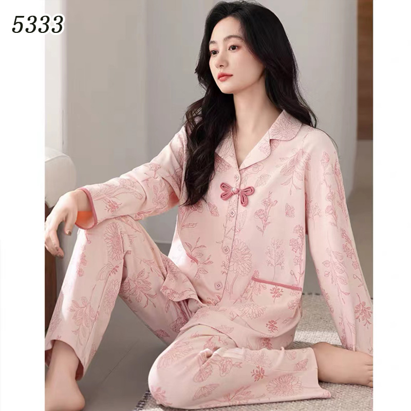  【100棉】女款 纯棉 开衫长袖长裤家居服【粉色】国风-5333-XP