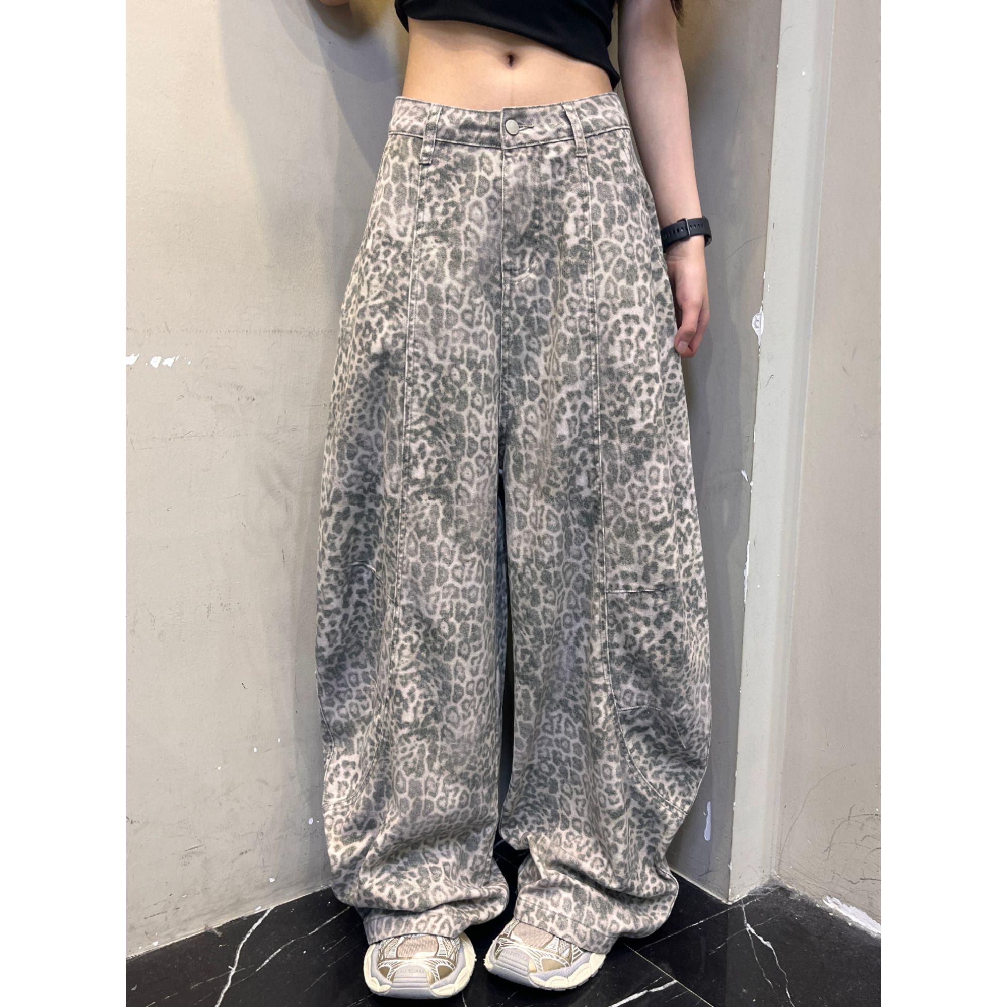 凡Fan【廓形豹纹】美式豹纹弯刀辣妹廓形松弛慵懒阔腿拖地裤
