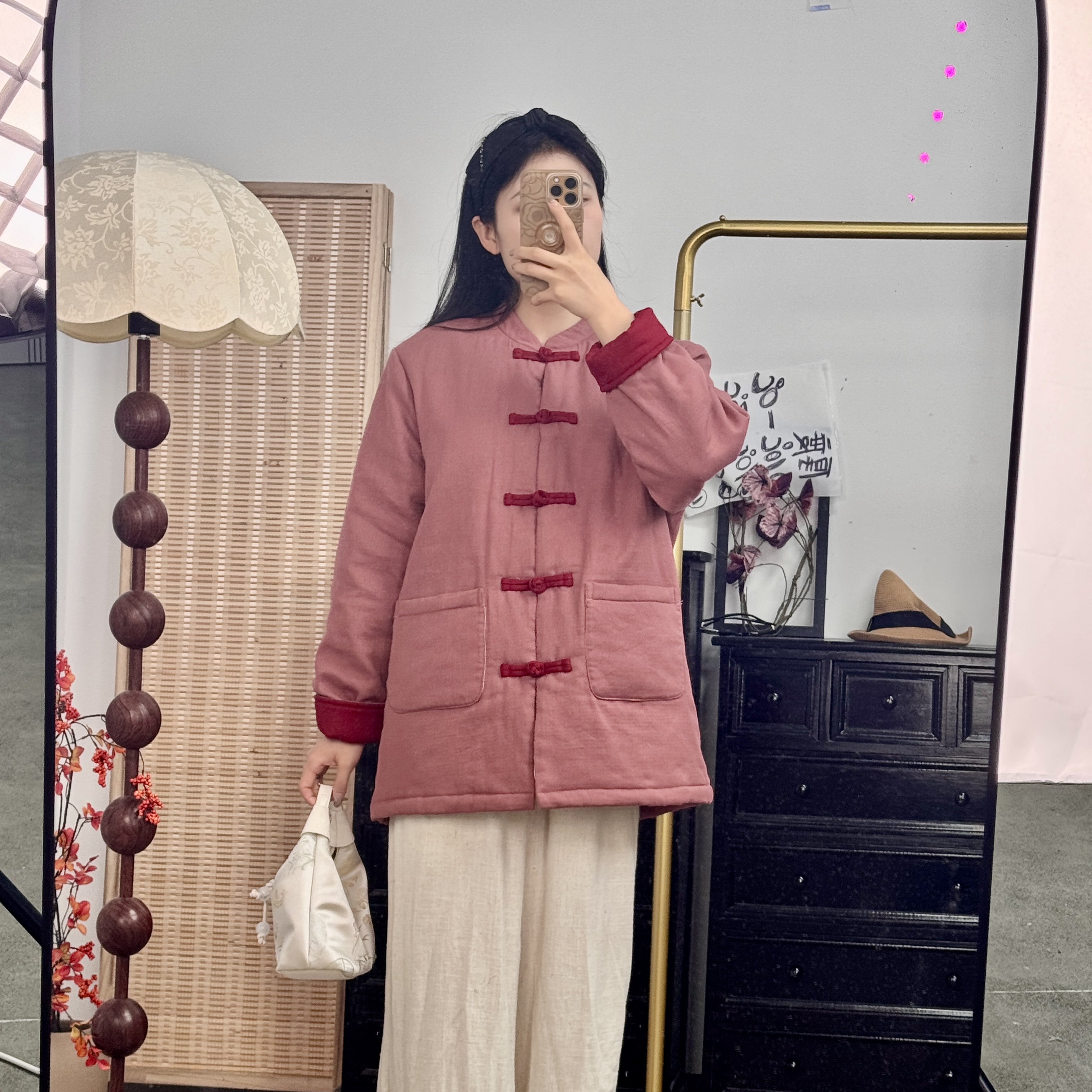 A6024新中式手工盘扣国风冬款保暖加厚中长款棉服