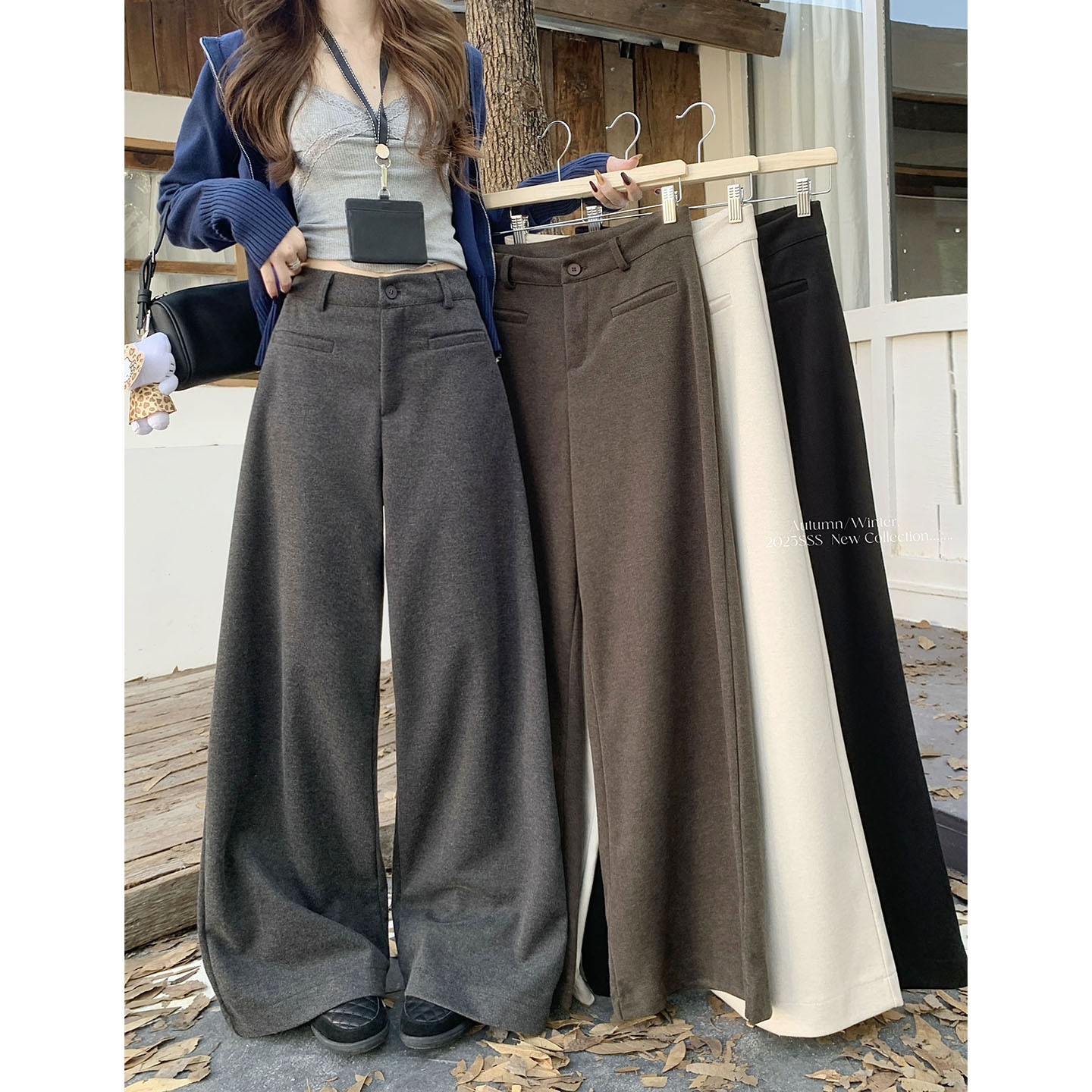 新款呢子休闲阔腿裤子女宽松休闲裤女