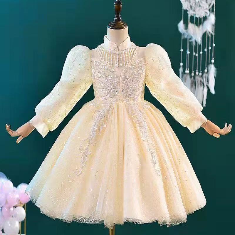 女童礼服演出服轻奢小众钢琴儿童生日公主裙长袖主持人花童婚礼裙