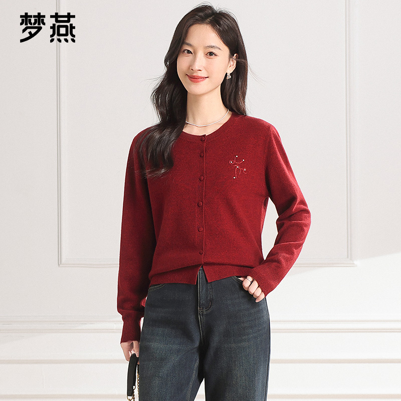 梦燕秋冬女休闲针织保暖纯羊毛衫宽松圆领内搭开衫上衣CC12B5003