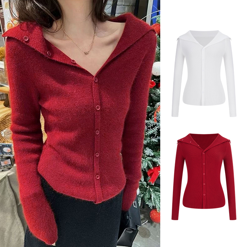 MosesQueen/魔西女王红色显白翻领圣诞毛衣针织衫V领修身上衣冬