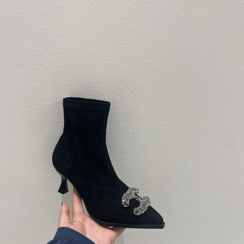 法式弹力靴黑色高跟靴子尖头方头女细跟高跟短靴秋冬