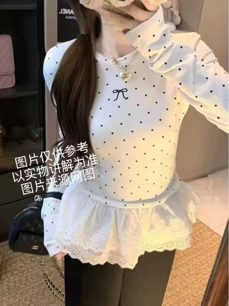 2025冬季新款大码女装韩系甜美风拼接花边长袖打底上衣