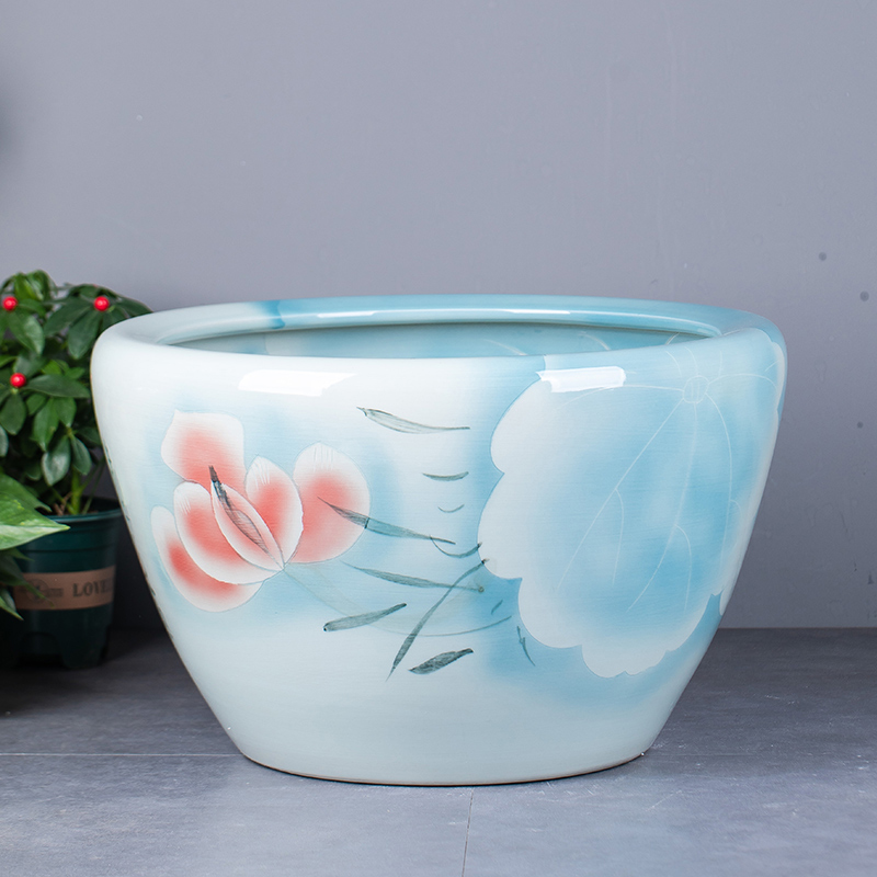 《浅蓝红荷直径50*33cm》景德镇陶瓷大缸养鱼乌龟荷花睡莲种花种