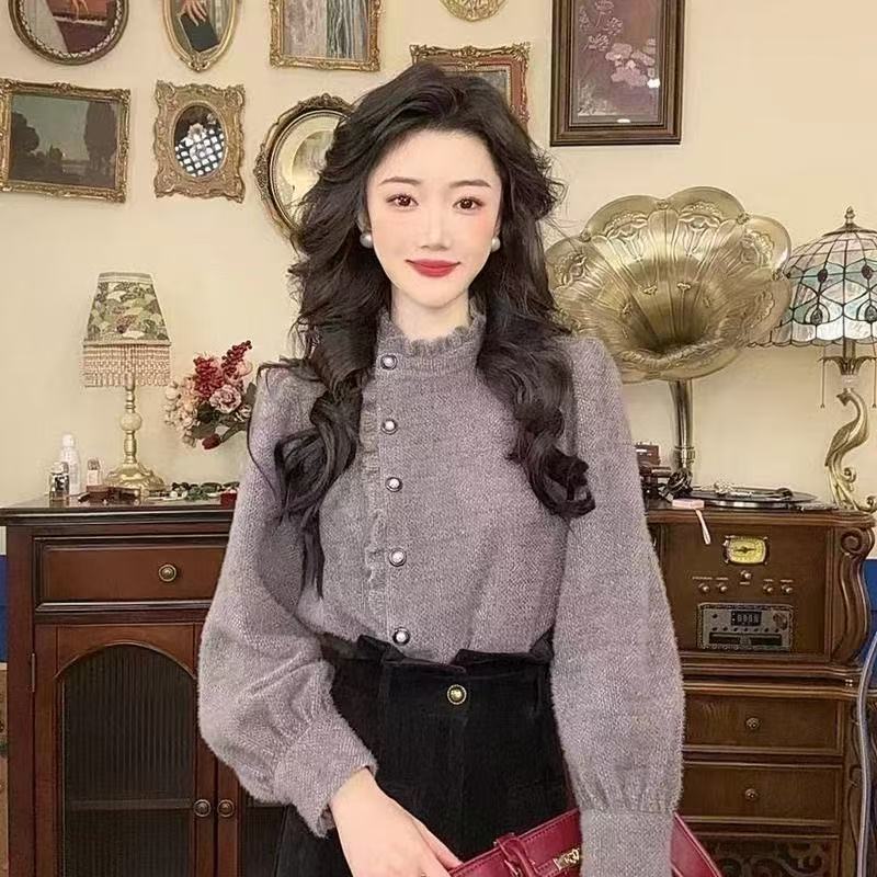 冬季穿搭斜襟精致木耳边衬衫女秋冬加厚内搭长袖衬衣复古港风上衣