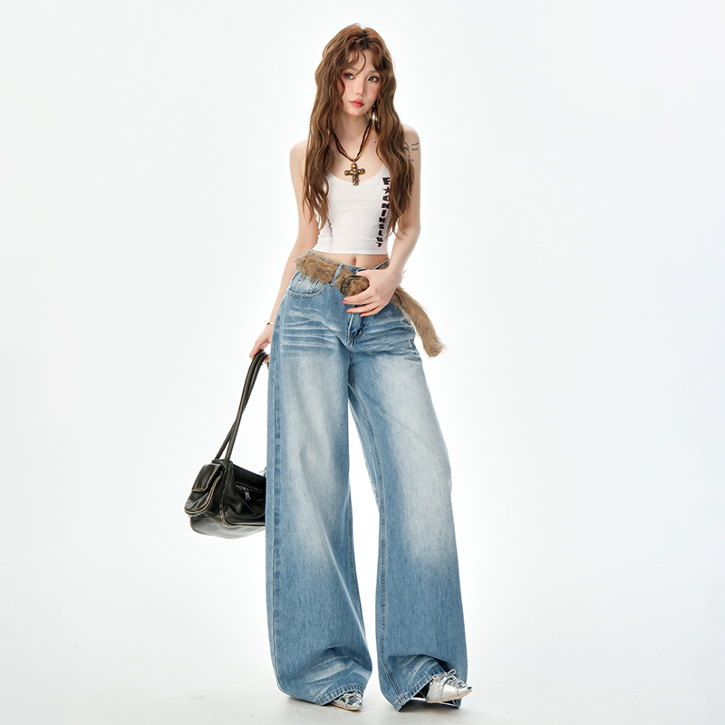 冬季复古显瘦时尚高腰美式辣妹折痕做旧水洗设计感牛仔直筒阔腿裤
