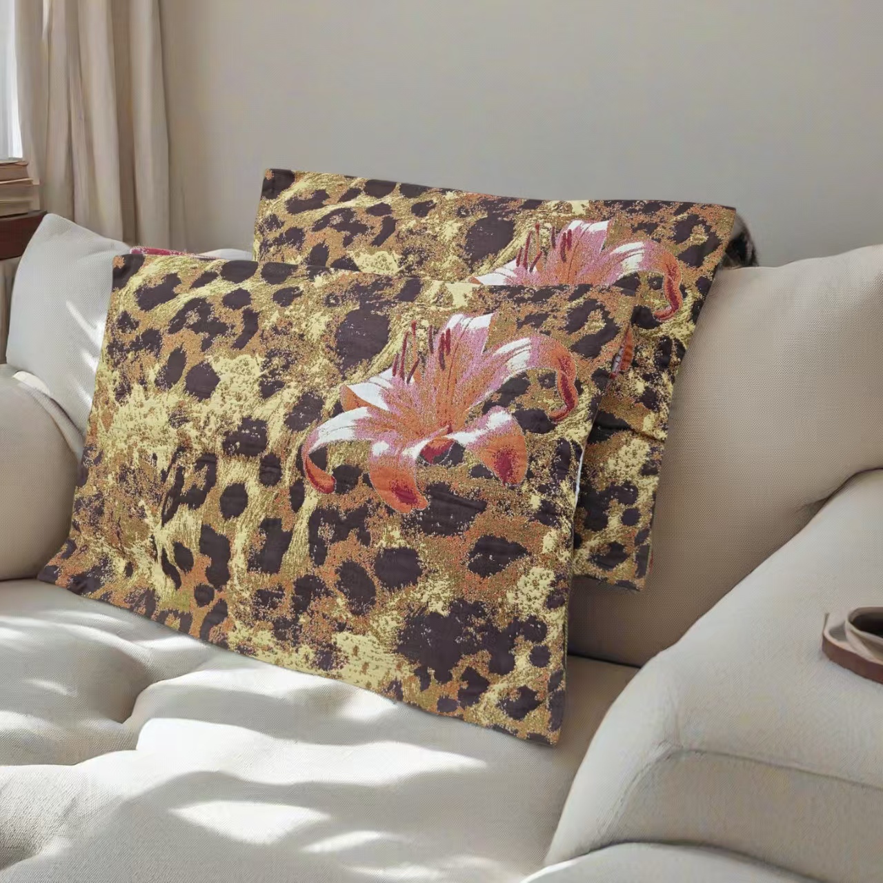 【豹纹花开】加厚纱布枕套一对;50cm*80cm