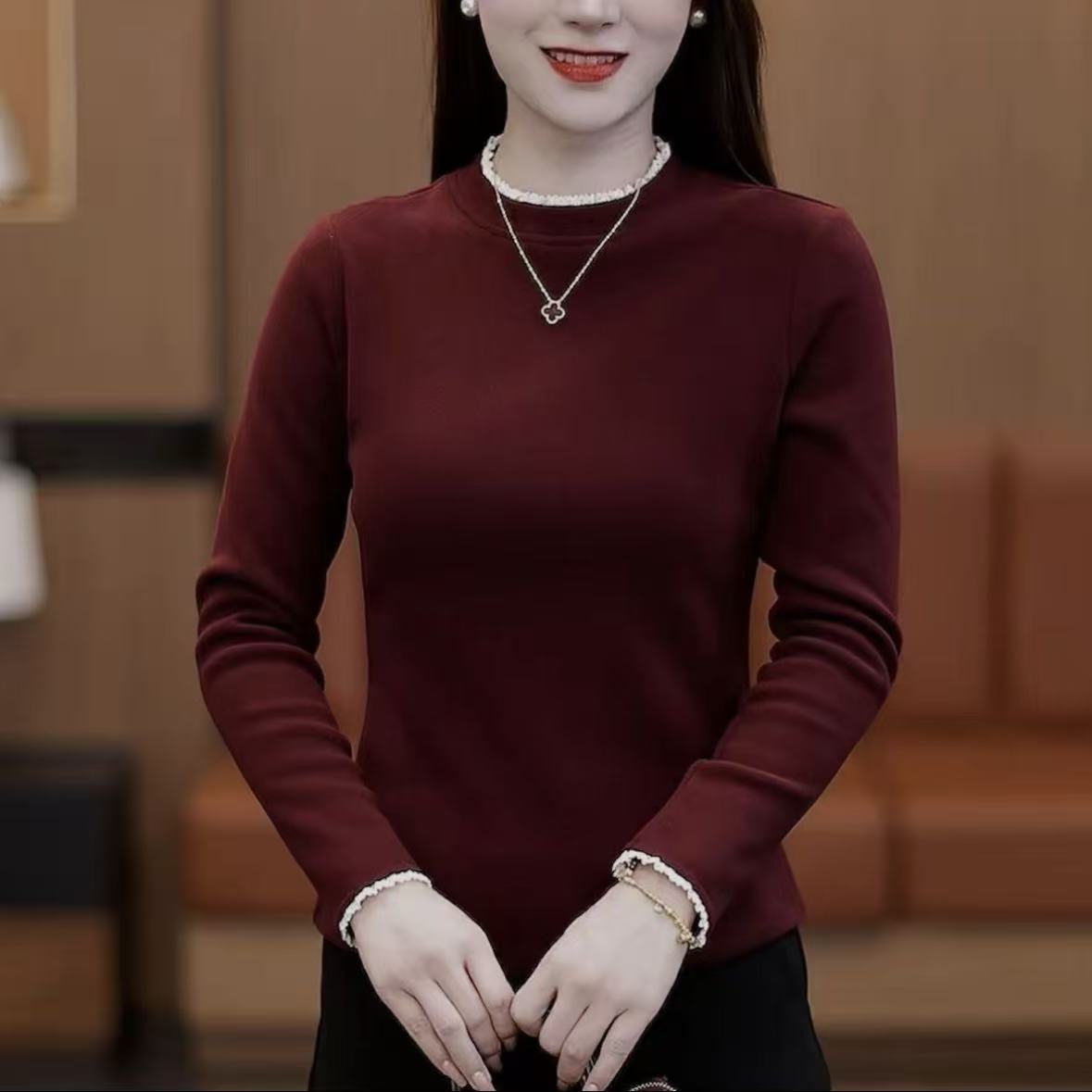 【蕾丝边】秋冬加绒打底衫好看洋气内穿外搭高弹修身显瘦时尚百搭女