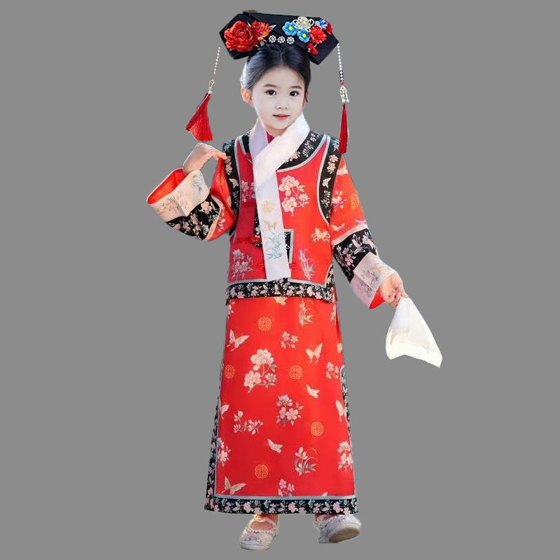 拜年中国风冬季印花古风旗袍马甲唐装可爱超萌儿童衣服
