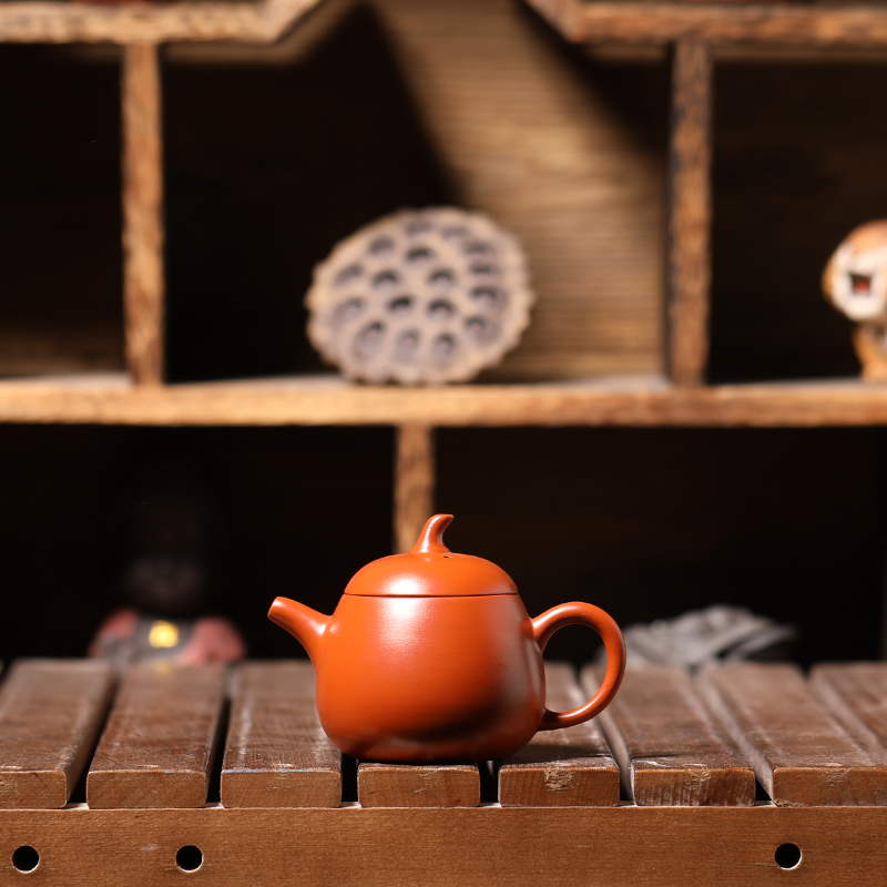  潮州原矿朱泥小容量半手工紫砂壶冲罐郑楚锐大开口瓜壶110毫升